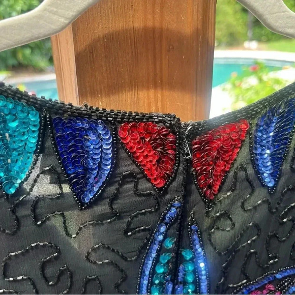 VINTAGE SILK CARINA SEQUIN Black Long Sleeve Shift Dress Beaded M - Picture 12 of 14